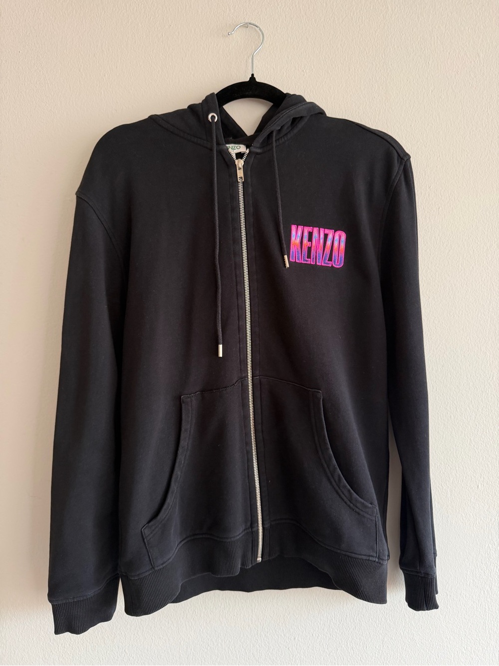 Kenzo Black Zip Hoodie with Gradient Mountain Embroidery Logo Mens size small